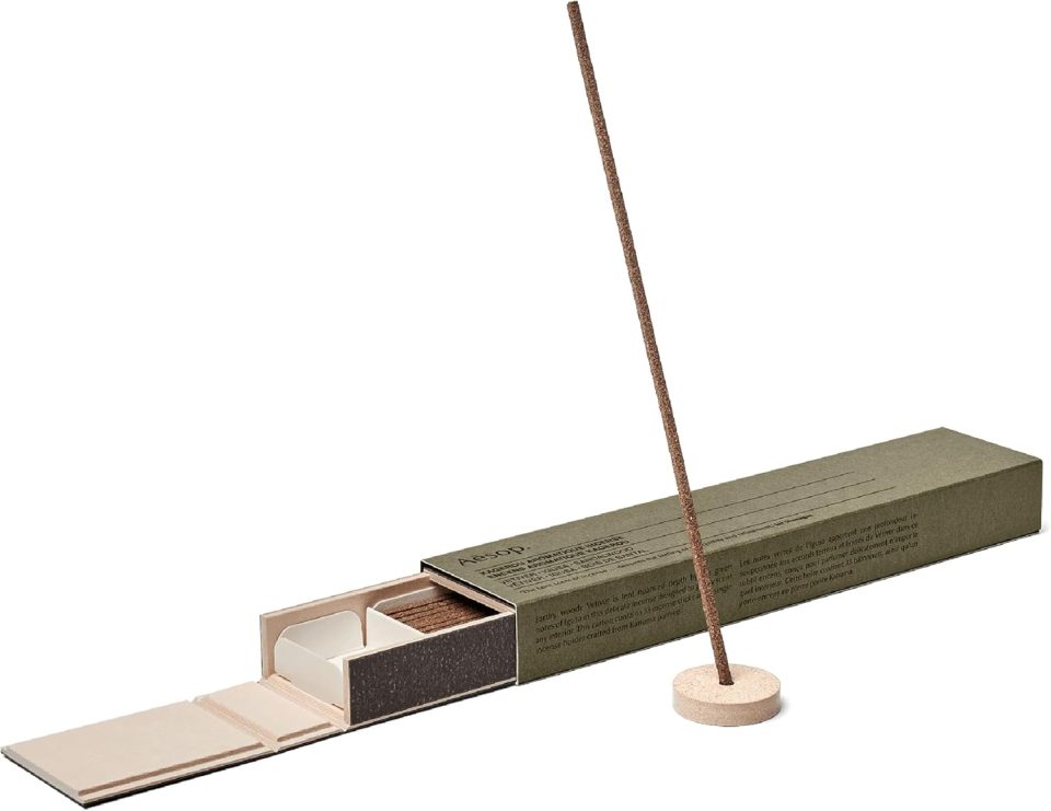 Aesop Kagerou Aromatique Incense | Earthy & Smoky Vetiver Scent | Includes Kanuma Pumice Holder | 30-Minute Burn Time | Green. Herbaceous. Woody Aroma | 33 Sticks