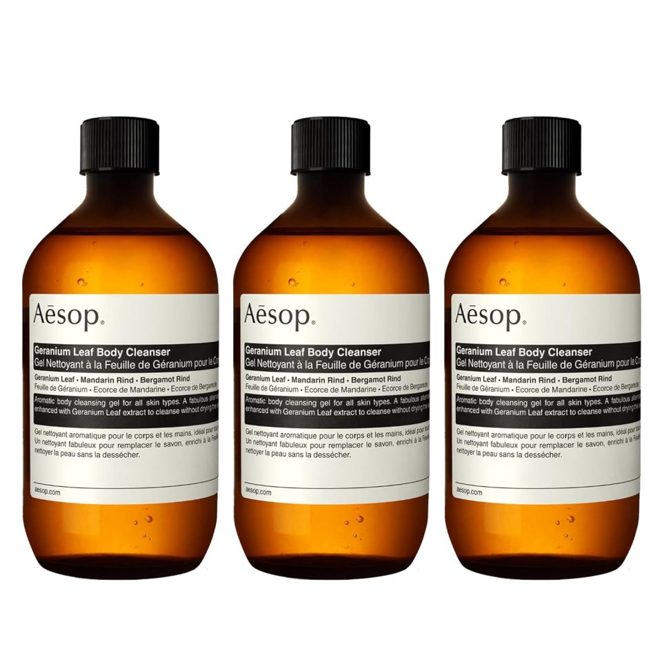 Aesop Geranium Leaf Body Cleanser Refill | Invigorating Gentle Cleansing Gel | Green. Citrus. Fresh | 16.9 fl oz (Pack of 3)